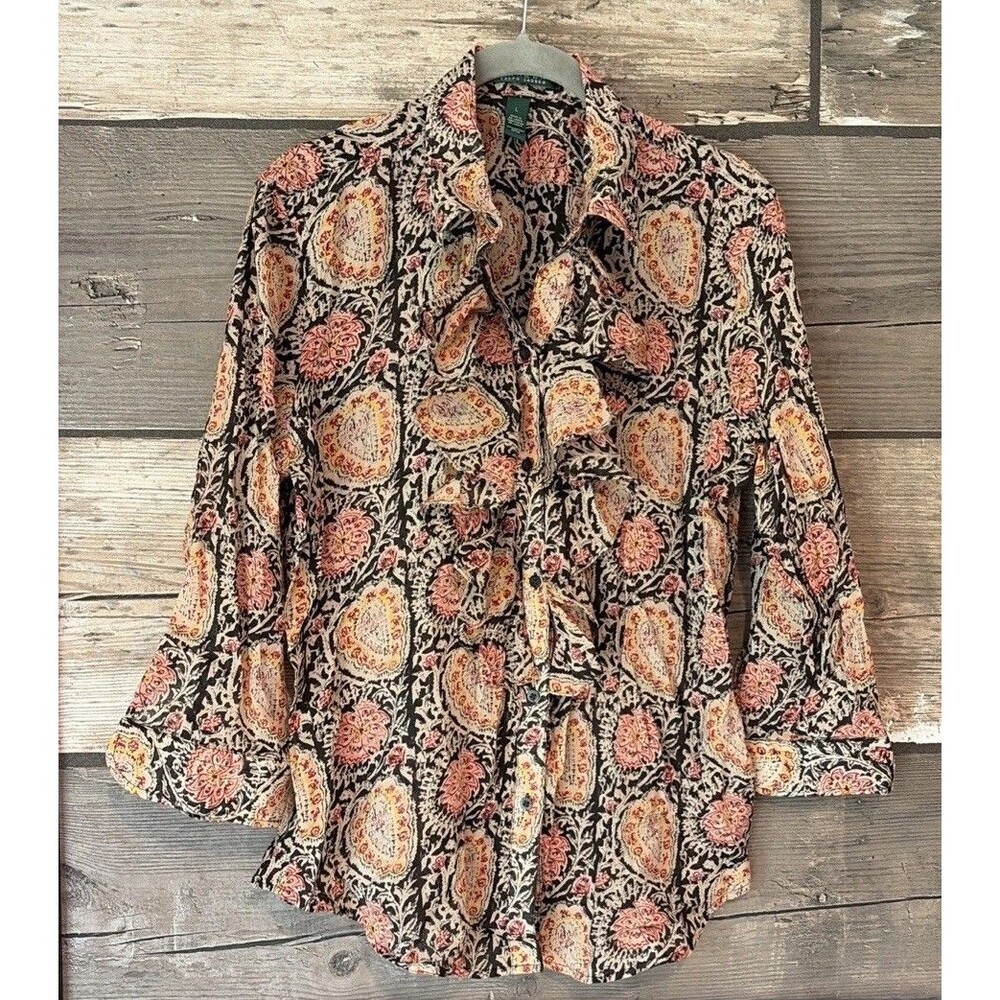 Vtg Lauren Ralph Lauren L Paisley Floral Blouse Top Ruffle Sheer 3/4 Sleeve